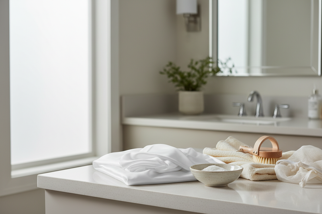 Silk pillowcase laid flat beside a small bowl of gentle detergent and a soft cloth on a clean bathroom counter