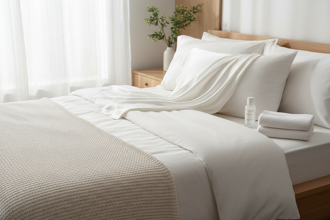 Silk pillowcase on a neatly made bed beside a small skincare bottle and soft towel, showing a gentle nighttime care setup