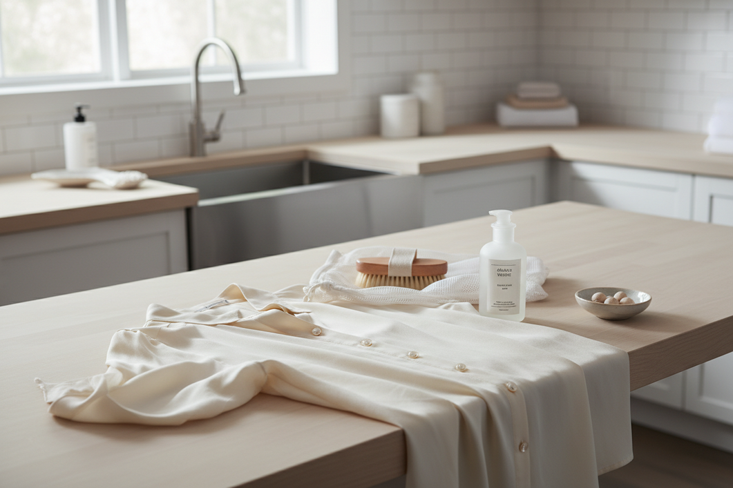 Silk blouse laid flat beside a wash bag and gentle laundry supplies before cleaning
