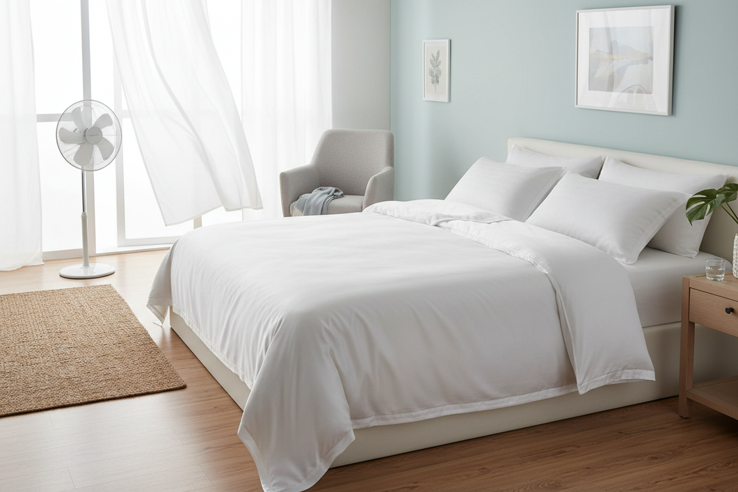 Silk sheet set neatly spread on a made bed in a bright bedroom with a fan nearby, showing a fresh airy setup for humid weather