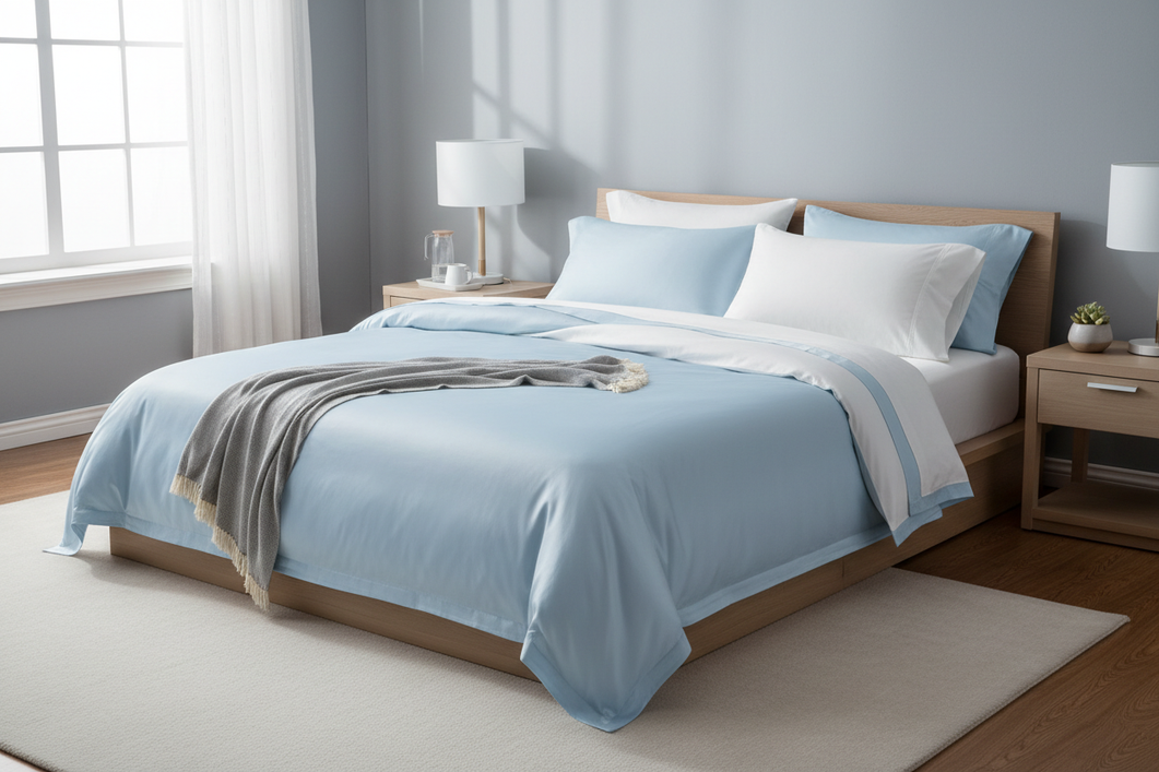 Silk sheets on a neatly made bed in a bright, airy bedroom for a cooling sleep setup
