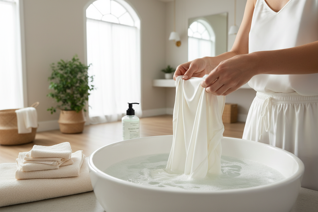 Elegant washable silk sleepwear styled as a broad editorial hero in a calm bathroom setting, highlighting delicate fabric care and fresh laundry handling