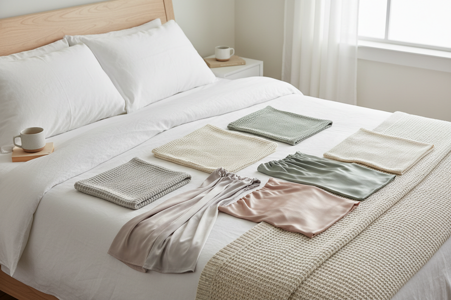 Editorial flat lay of several pajama fabric types on a bed, showing soft sleepwear textures for comparison