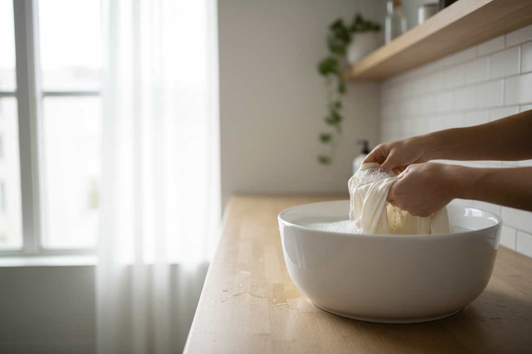 Silk pillowcase being gently hand washed in a basin with cool water and mild detergent