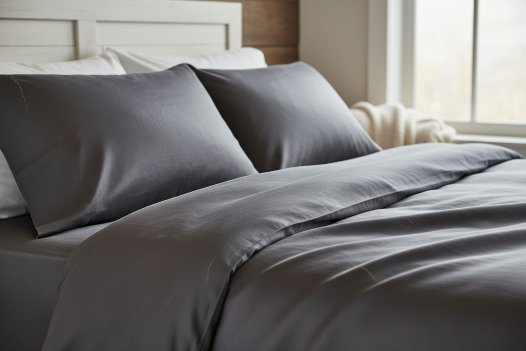 Close-up of silk bedding with noticeable dull patches in high-contact areas, showing uneven sheen loss from repeated use and washing