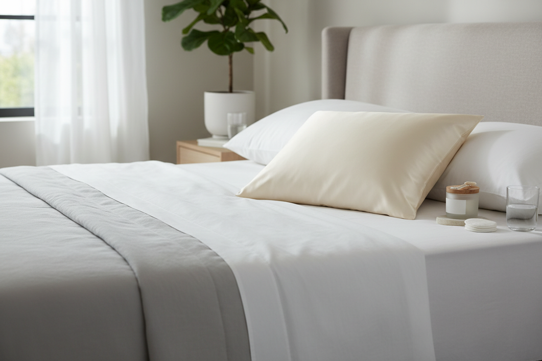 Silk pillowcase on a bed after skincare contact, shown as a clean editorial hero image