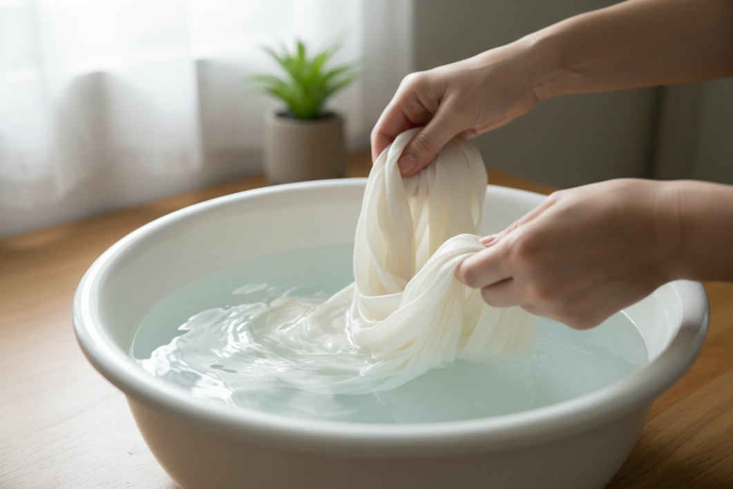 Silk fabric being gently hand washed in a basin with cool water in a clean home laundry setting