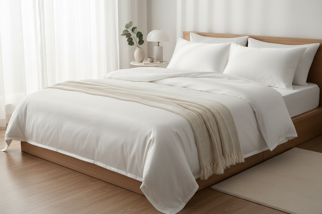 Silk pillowcase and matching silk bedding on a neatly made bed, styled as a soft luxury home scene