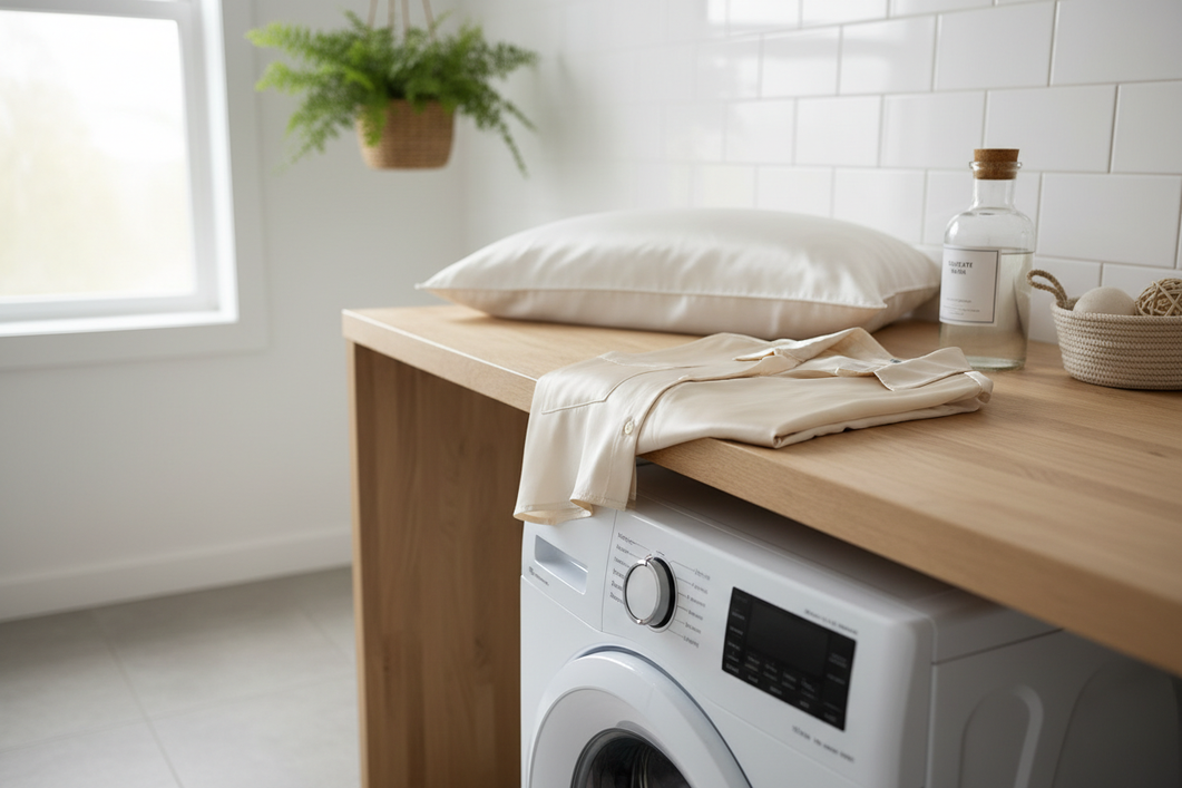 Silk blouse and pillowcase laid out beside a washing machine control panel, showing a gentle laundry setup for delicate fabrics