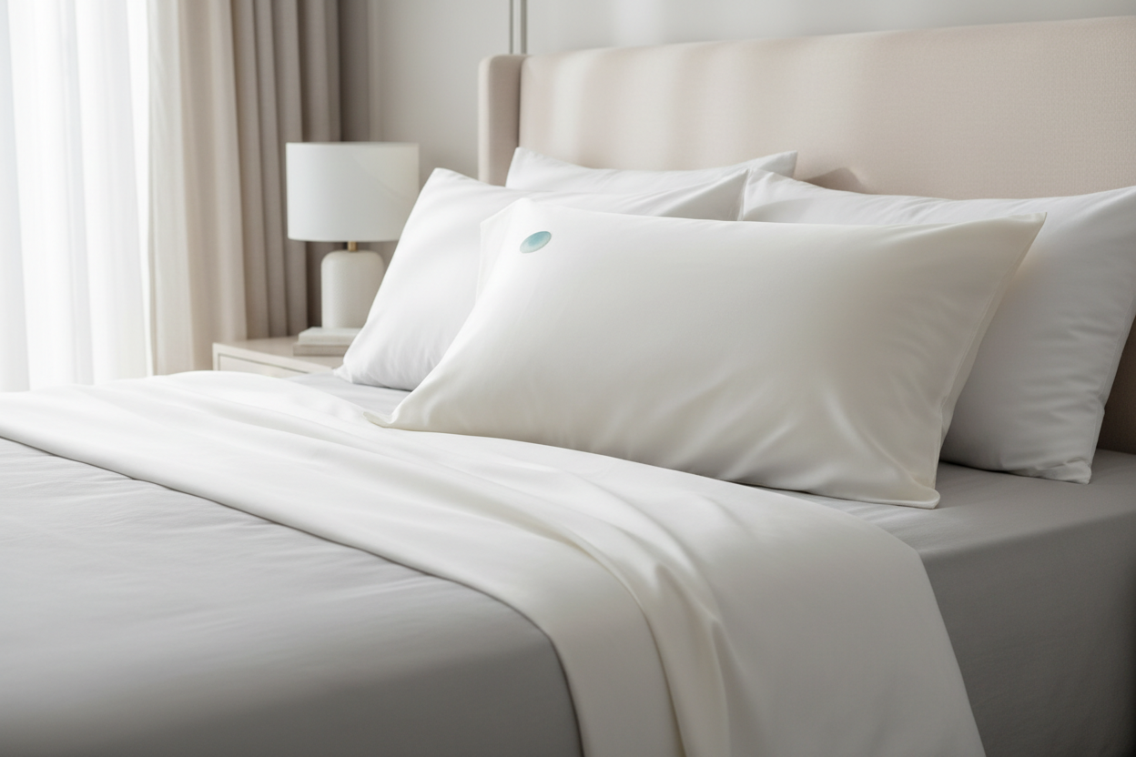 Silk pillowcase with a blue-green skincare stain on the surface, shown as a clean editorial product-style hero