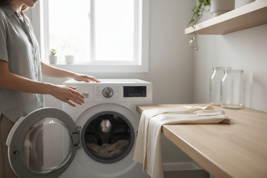 Washer door open beside a silk garment laid flat near laundry supplies, showing a cautious home laundry decision