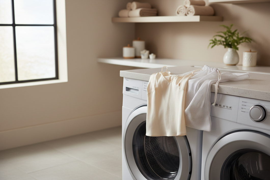 Silk garment and mesh wash bag beside a front-loading washing machine in a bright laundry room