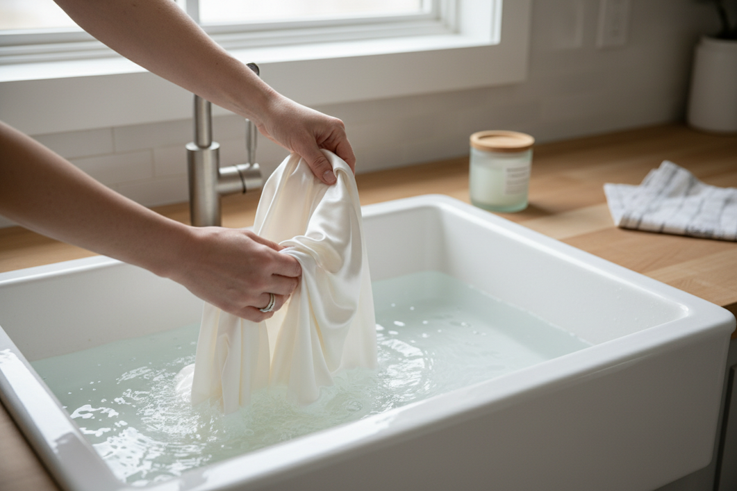 Silk blouse being gently hand washed in a clean sink with soft purified water, calm home laundry scene
