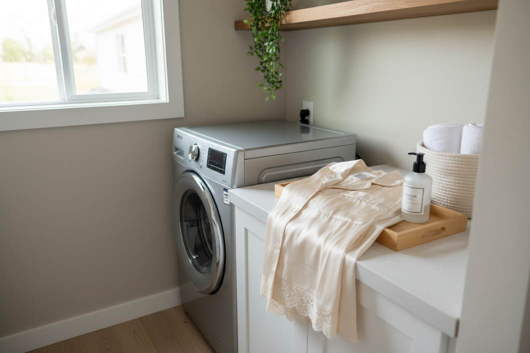 A small silk pajama set and pillowcase laid out beside a compact countertop washer in a bright tiny-home laundry nook