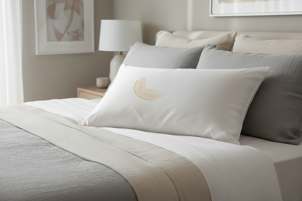 Silk pillowcase with a pale skincare contact mark shown in a close-up comparison on a bed