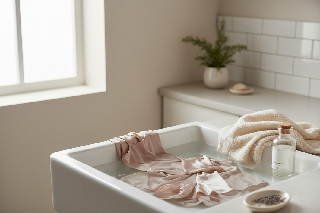 Silk pajama set laid out beside a basin and folded towel for gentle hand washing after night sweats