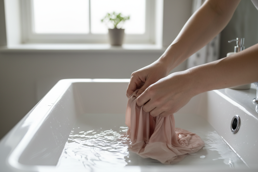 Silk garment being gently washed by hand in a clean basin with cool water and soft soap, showing careful care during a delicate wash