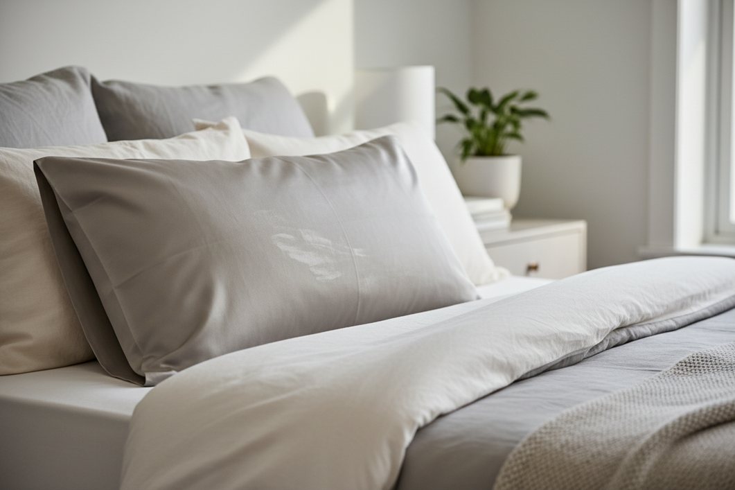 Close-up of a silk pillowcase on a bed with faint white residue marks near the center from skincare product transfer