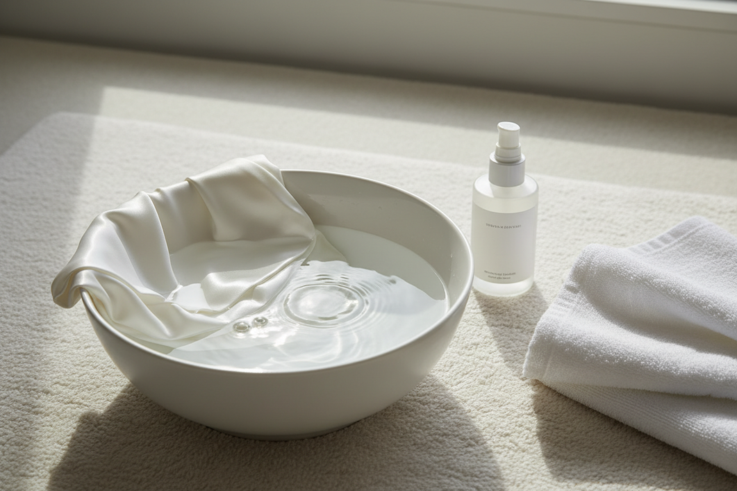 Silk pillowcase care scene with a gentle laundry setup and a small skincare bottle nearby, illustrating careful washing after topical residue transfer.