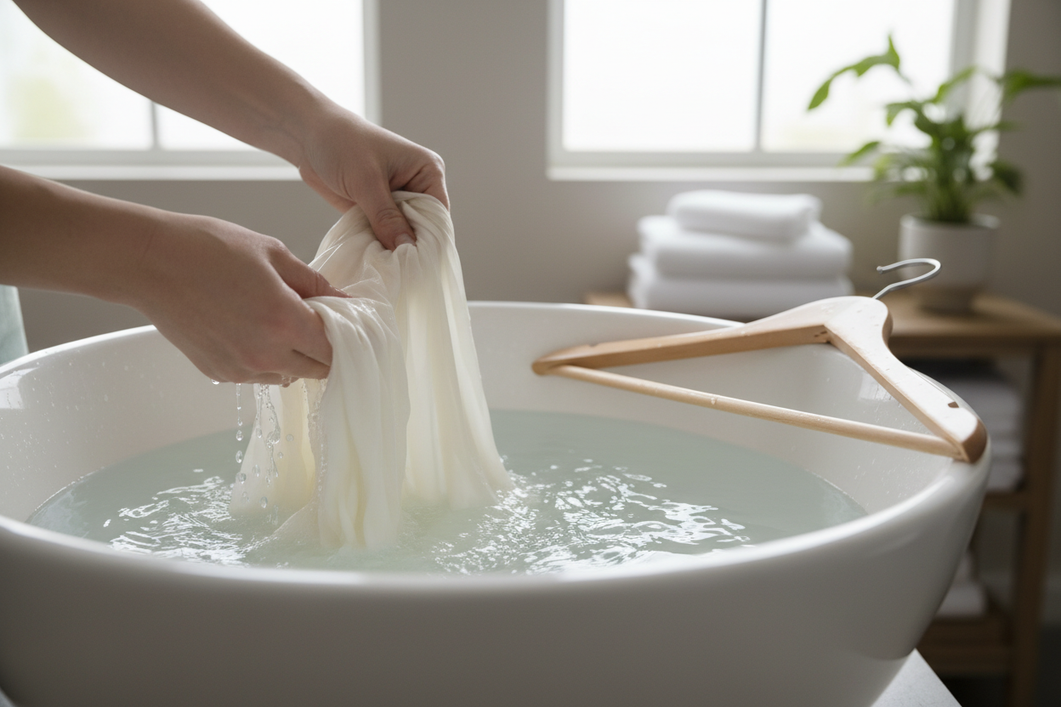 Silk fabric washing in a clean basin with gentle suds, showing a delicate garment being rinsed and air-dried in a bright home laundry setting
