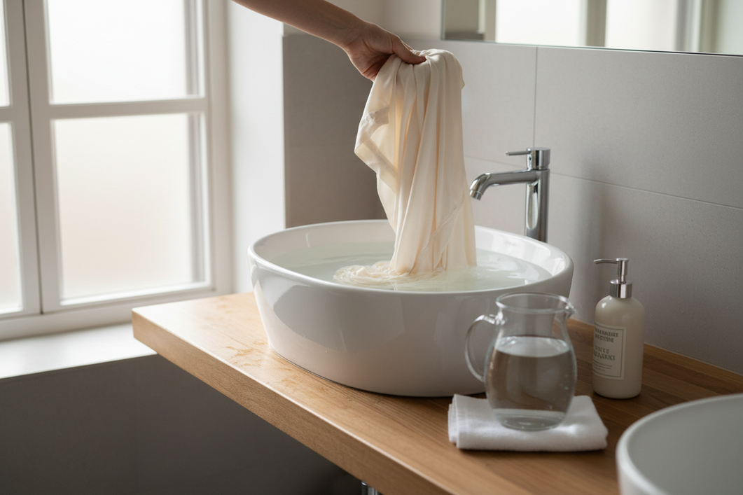 Silk sleepwear and a gentle hand-wash setup beside a clean basin, showing a careful rinse routine for delicate fabric care
