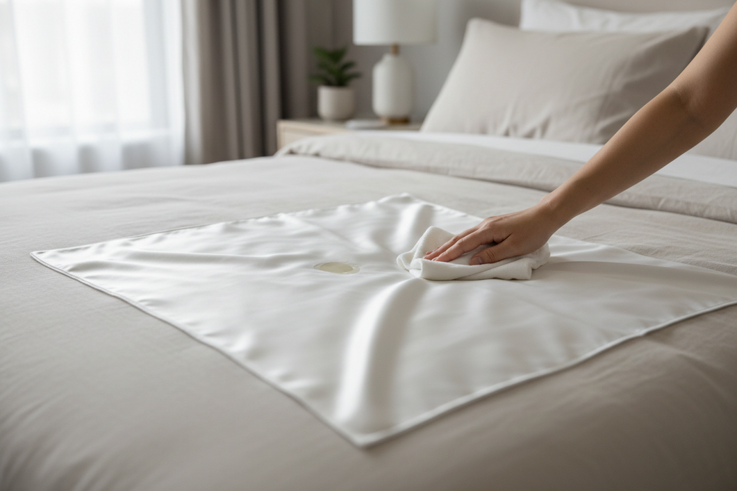 Silk pillowcase on a bed with a faint greasy spot being gently blotted with a soft cloth before washing