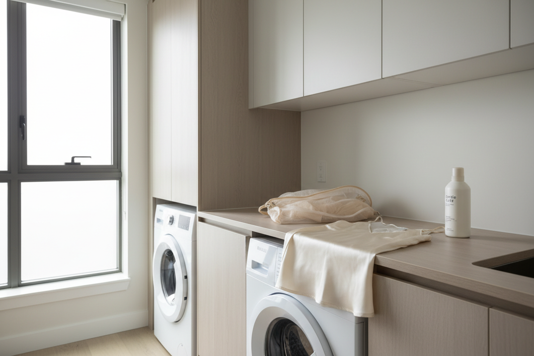 Silk blouse beside a combination washer-dryer in a bright laundry room, with a detergent bottle and a mesh laundry bag ready for a gentle wash