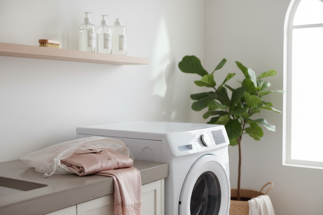 A silk pajama set in a mesh laundry bag beside a front-load washing machine and folded towels, showing a gentle wash setup for delicate fabric care.