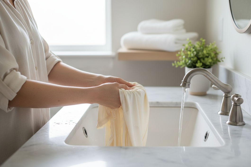 Washing a silk pillowcase by hand in a basin with gentle rinsing after skincare residue transfer