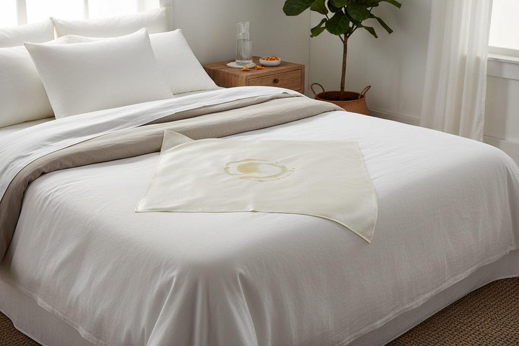 Silk pillowcase with a faint facial oil sheen on a bed, shown as a clean editorial product scene
