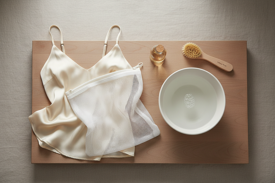Silk garment care flat lay with a gentle wash setup and a mesh laundry bag beside a basin of cool water