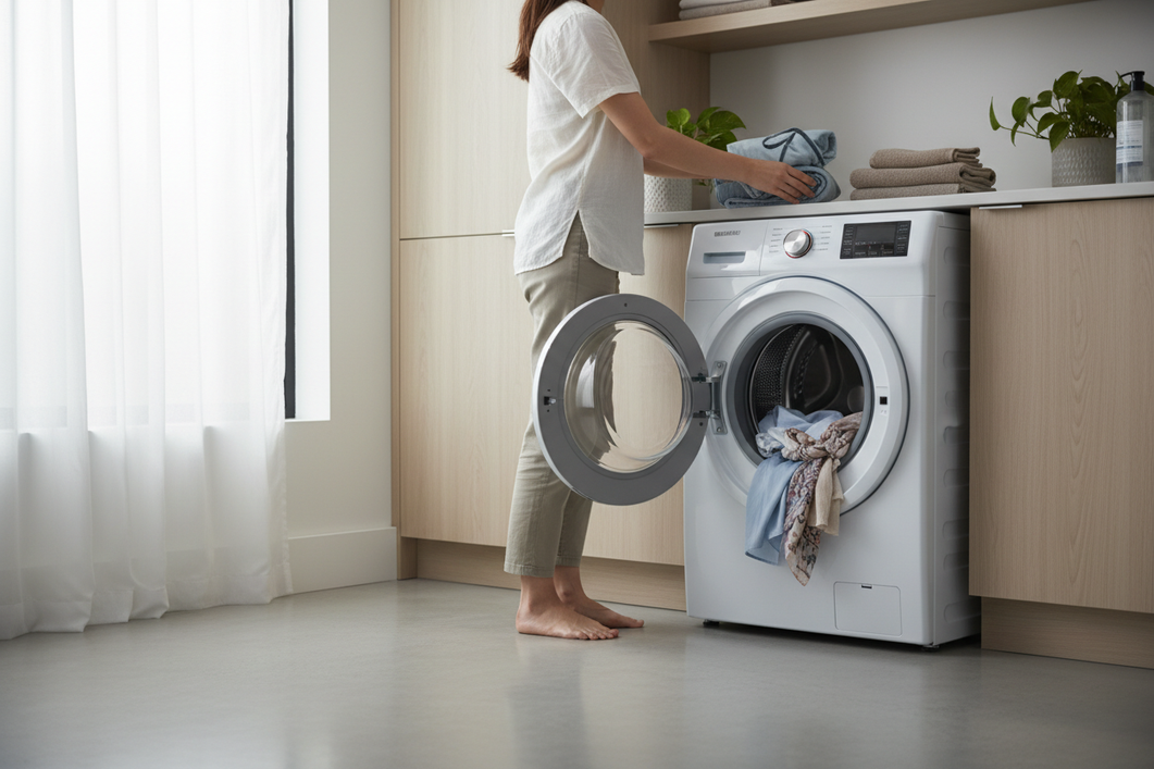 A silk garment being gently washed in a modern washing machine with a small delicate load and soft laundry items around it