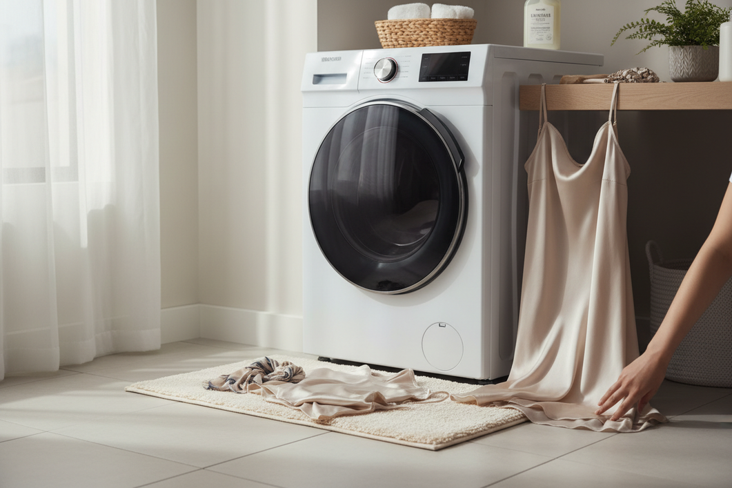 Silk blouse and delicate laundry items arranged for a gentle machine wash decision