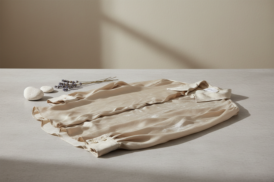 Silk garment with uneven dull sheen on a clean neutral surface, showing a subtle hard-water residue look