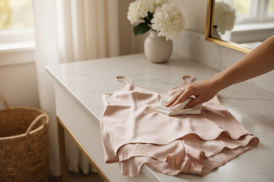 Silk pajamas laid flat near a vanity with a subtle oily spot being gently blotted by hand