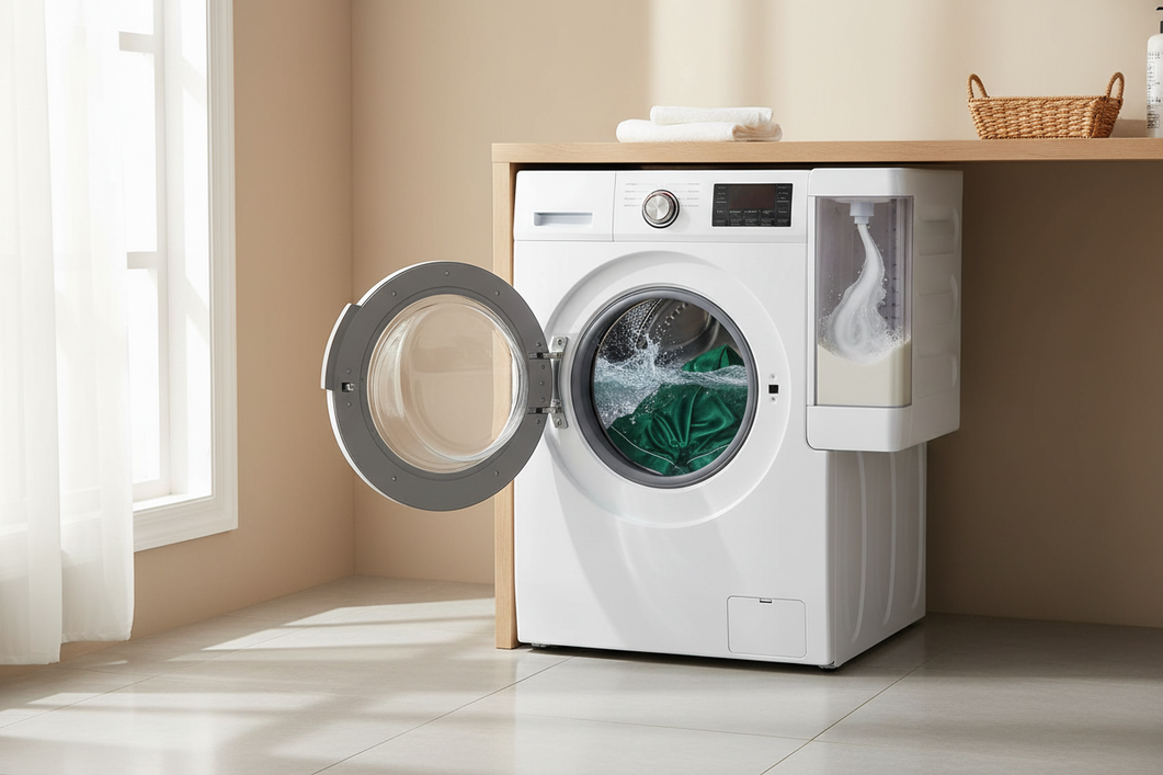 Silk pajamas in a laundry machine with a gentle wash setup and a detergent mixing chamber in use