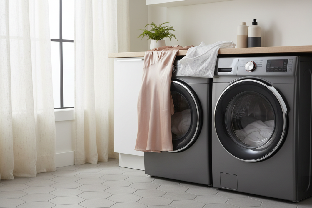 A folded silk garment in a laundry bag beside a front-loading washing machine in a clean laundry room