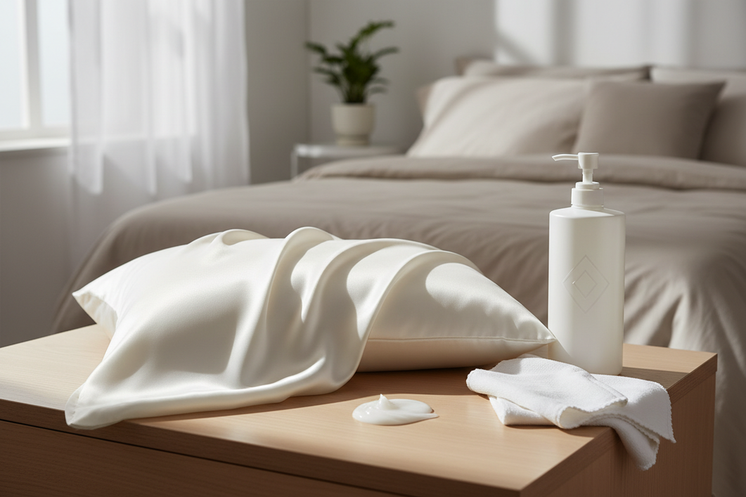 Silk pillowcase and a small spill of cream on a bedside surface, with gentle cleaning supplies nearby