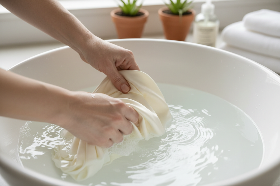 Close-up of a silk pillowcase being gently hand washed in cool water with mild detergent.