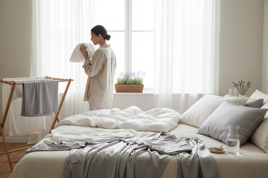 Silk pillowcase and sleepwear laid out for odor-care inspection and drying setup