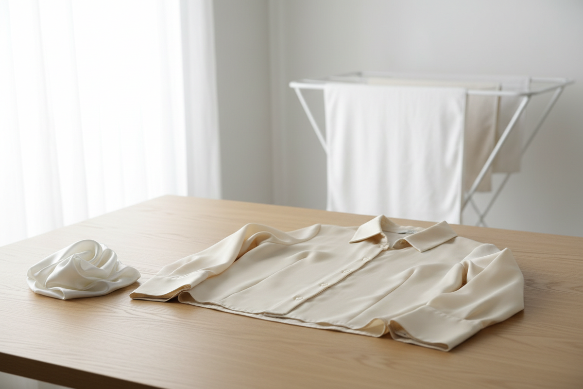 A silk garment laid flat on a clean surface, showing a stiff, papery drape after washing