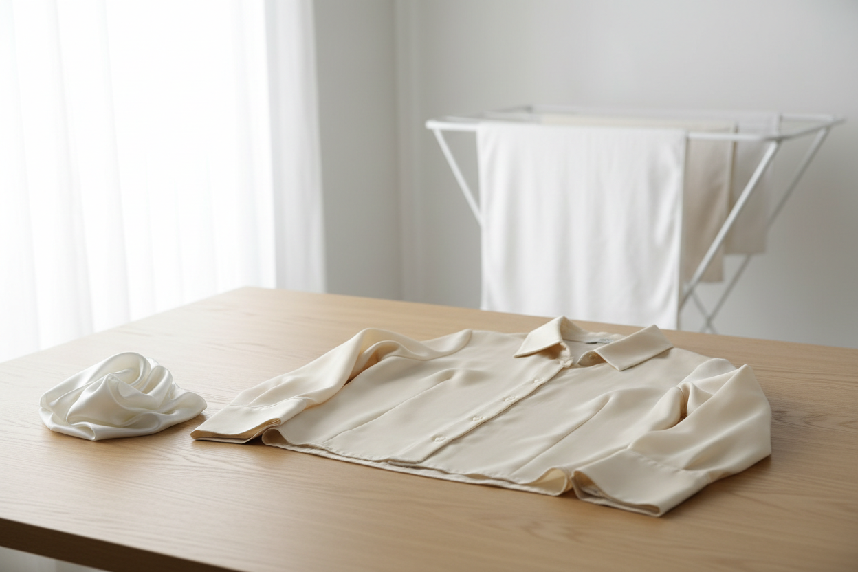 A silk garment laid flat on a clean surface, showing a stiff, papery drape after washing