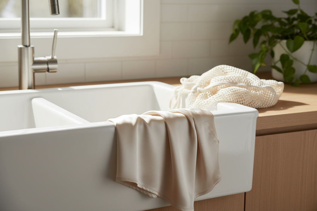 Silk garment in a bright laundry setting, shown as a soft glossy fabric care scene with a reusable mesh wash bag nearby