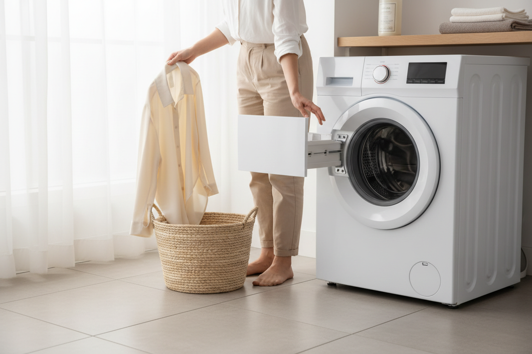 Silk garment being handled near a modern washing machine, with a person checking the detergent dispenser before a delicate wash