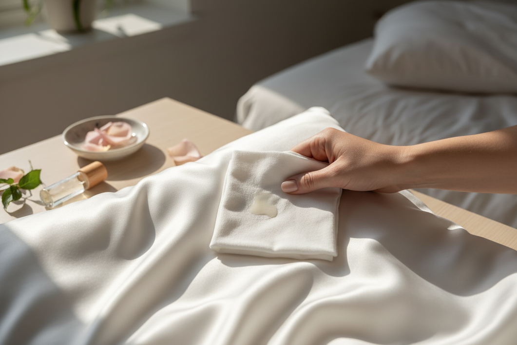 Silk pillowcase beside skincare supplies after a nighttime routine, showing a fresh residue spot being gently blotted with a white cloth