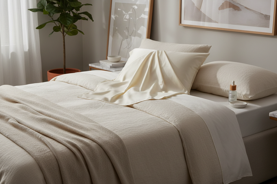Silk pillowcase beside a small skincare bottle on a neatly made bed, showing a fresh bedtime routine before washing.