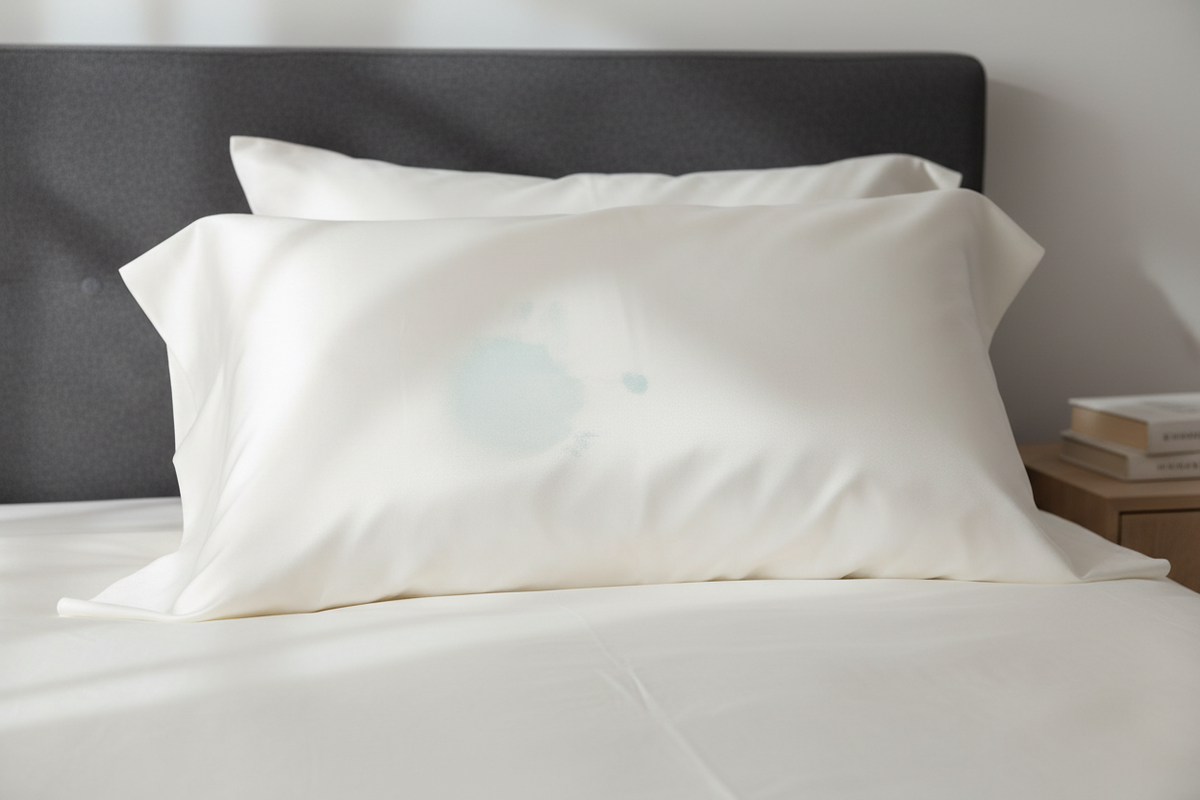 Close-up of a silk pillowcase with a subtle blue-green skincare stain near the sleeping area