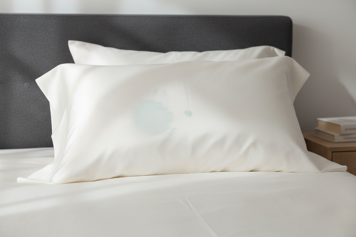 Close-up of a silk pillowcase with a subtle blue-green skincare stain near the sleeping area