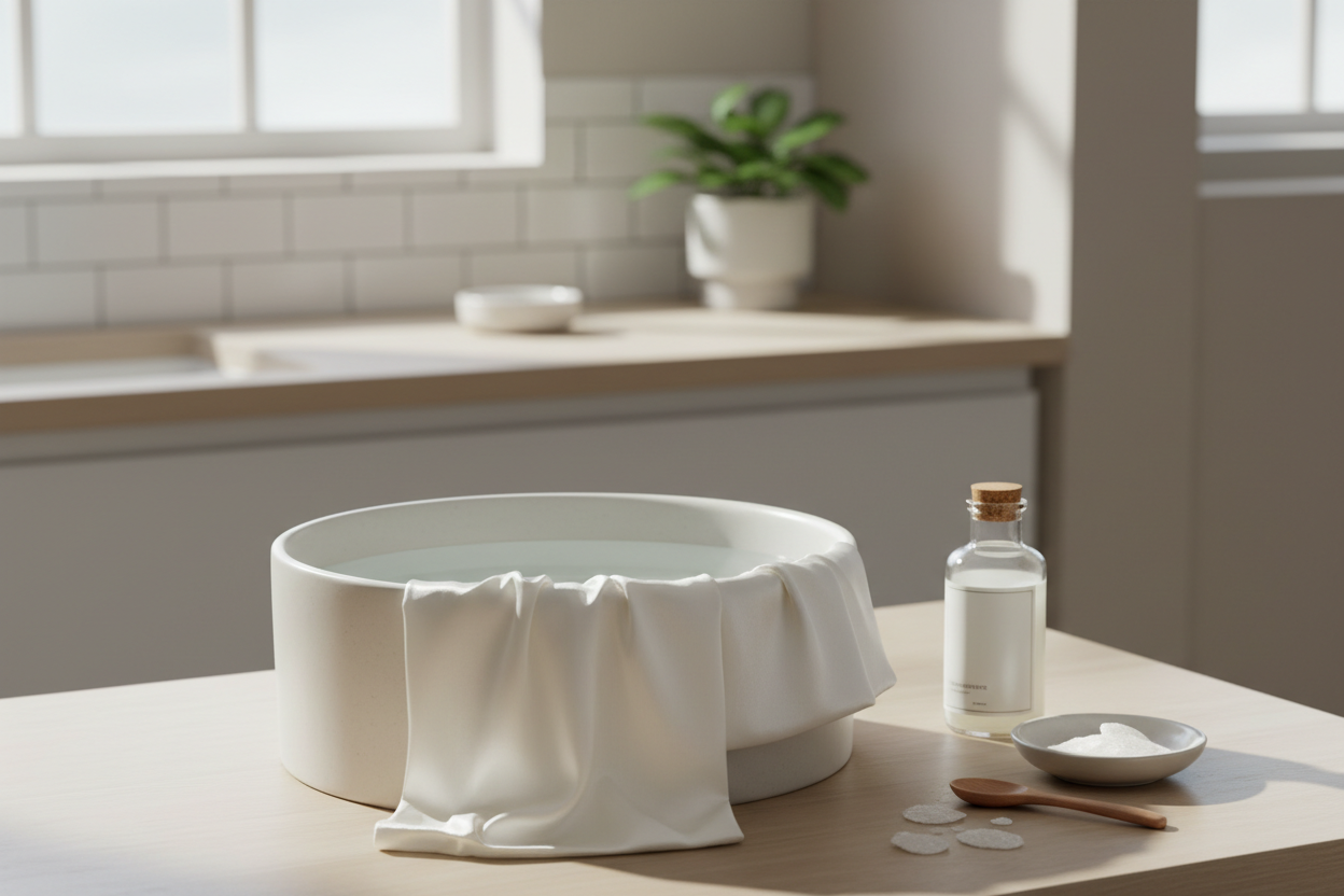 Silk pillowcase and folded bedding beside a small basin with cool water and gentle laundry supplies, styled for delicate hand washing after overnight skincare use.