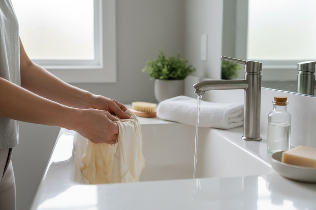 Silk garment being gently washed in a clean basin with a soft towel and mild laundry supplies nearby
